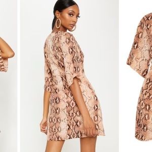 Lavender Brown Silk Belted Lined Animal Print Dress H3‎